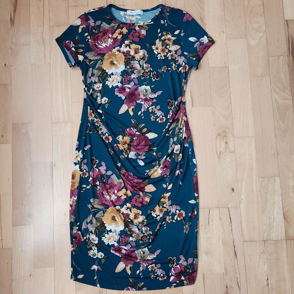 My Bump Teal Floral Cap Sleeve, Fitted, Maternity Dress, Medium